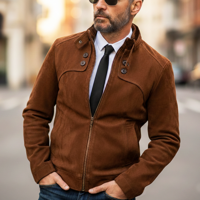 Men's Urban Faux Suede Snap-button Collar Zip-up Slim-fit Jacket MTA1900L3U