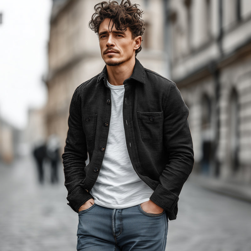Men's Casual Solid Color Breathable Cotton Blended Lapel Chest Pocket Loose Long Sleeve Shirt MTA1756G6M