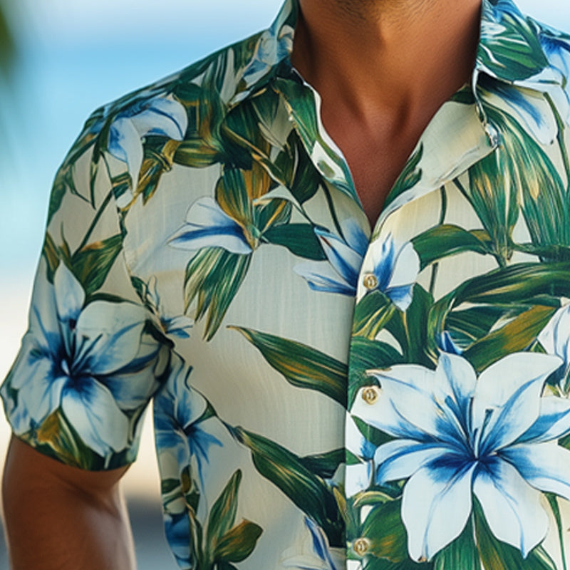 Men's Summer Beach Lily Print Short Sleeve Shirt MTA2669E9U
