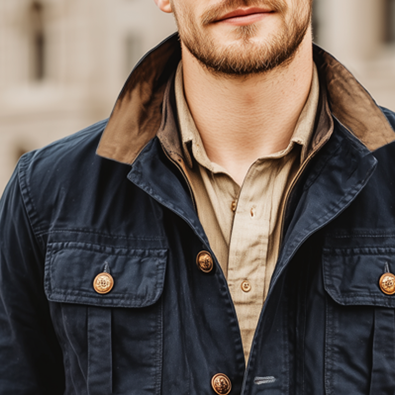 Men's Classic Navy Colorblock Collar Button-Down Jacket MTA2650I6U
