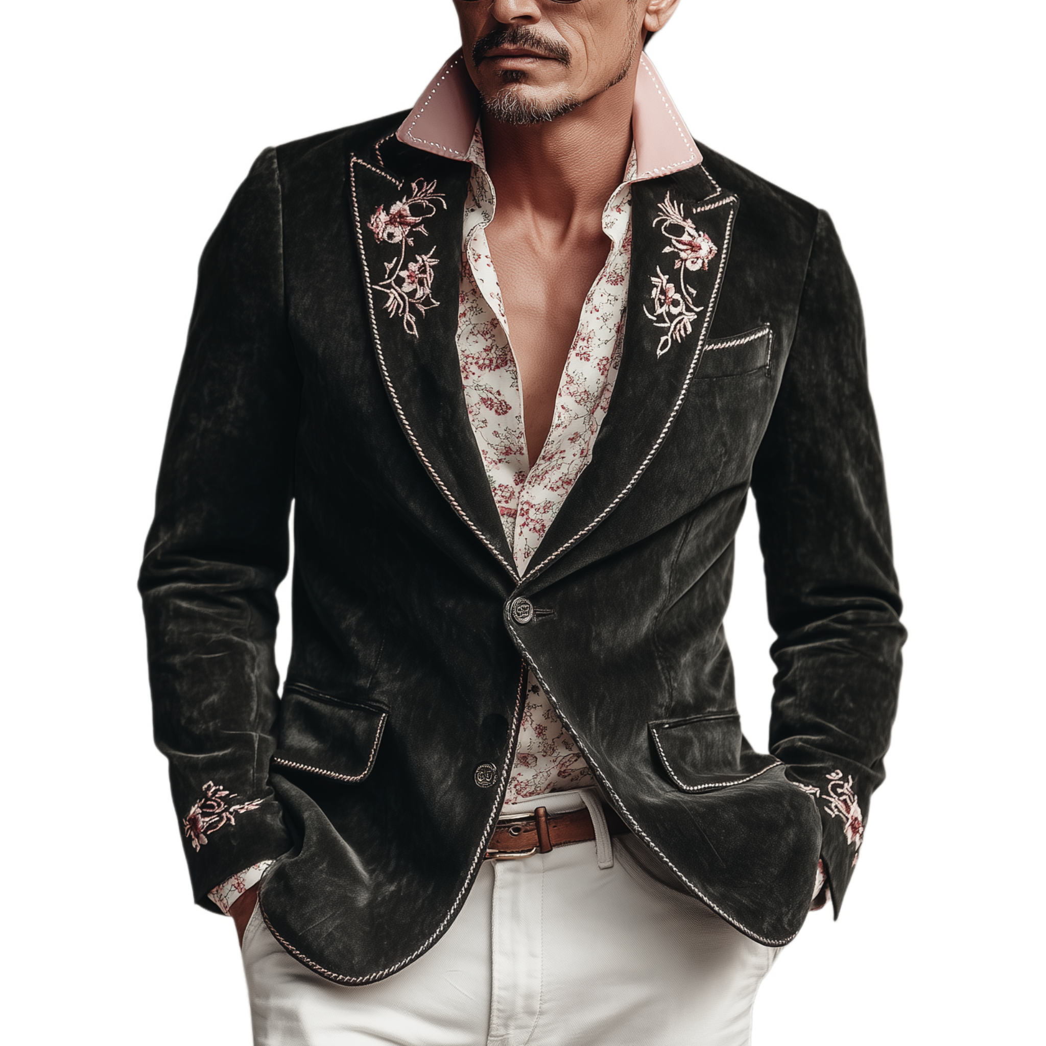 Men's Classic Vintage Suede Embroidered Single-breasted Sleeve Slim-fit Blazer MTA1267H0K