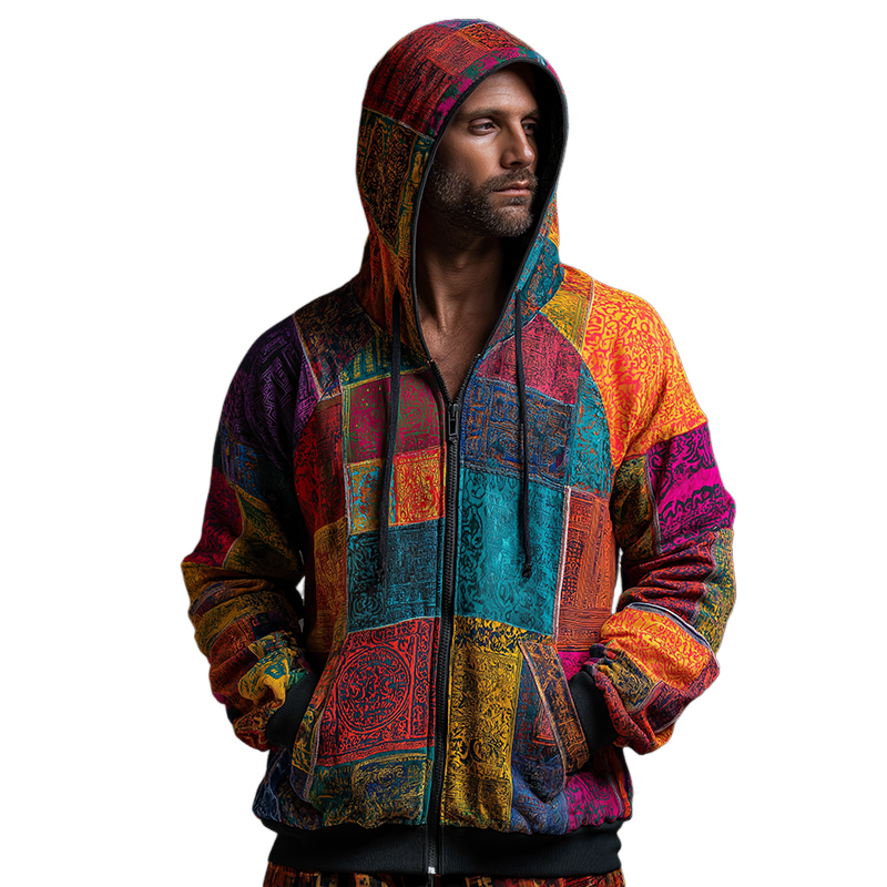 Men's Retro Casual Hippie Print Zipper Hooded Sweatshirt MTA0726H4TO