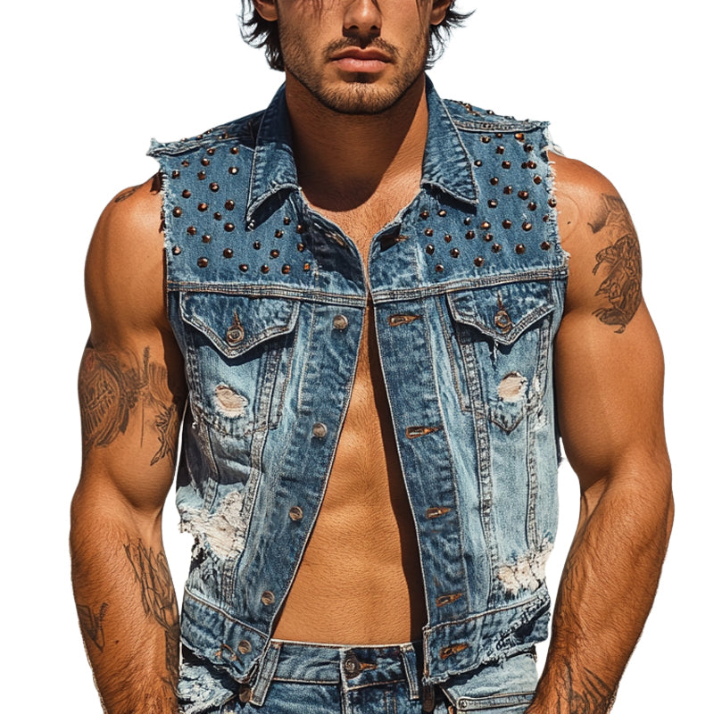 Men's Rivet Lapel Denim Single Breasted Vest MTA2322E7X