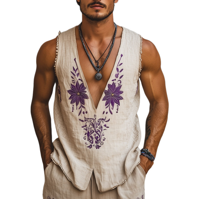 Men's Summer Deep V-Neck Retro Purple Embroidered Cotton And Linen Tank Top MTA1529E9U