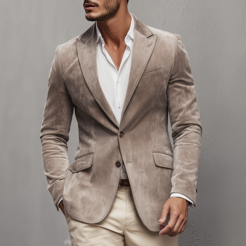 Men's Vintage Elegant Solid Color Faux Suede Peaked Lapel Single-Breasted Slim-Fit Blazer MTA3010G4M