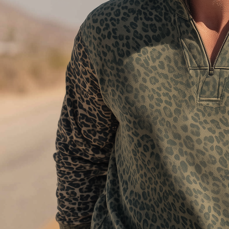 Men's Vintage Leopard Print Cotton Blend Stand Collar Sweatshirt MTA1435H1P