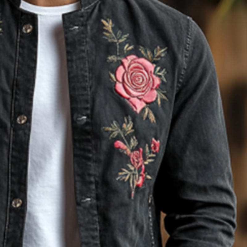 Men's Classic Casual Embroidered Denim Stand Collar Jacket 77310317K