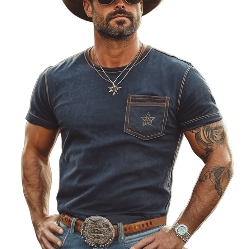 Herre-T-skjorte i western cowboy-stil med stjernebroderi og rund hals MTA2968E9U
