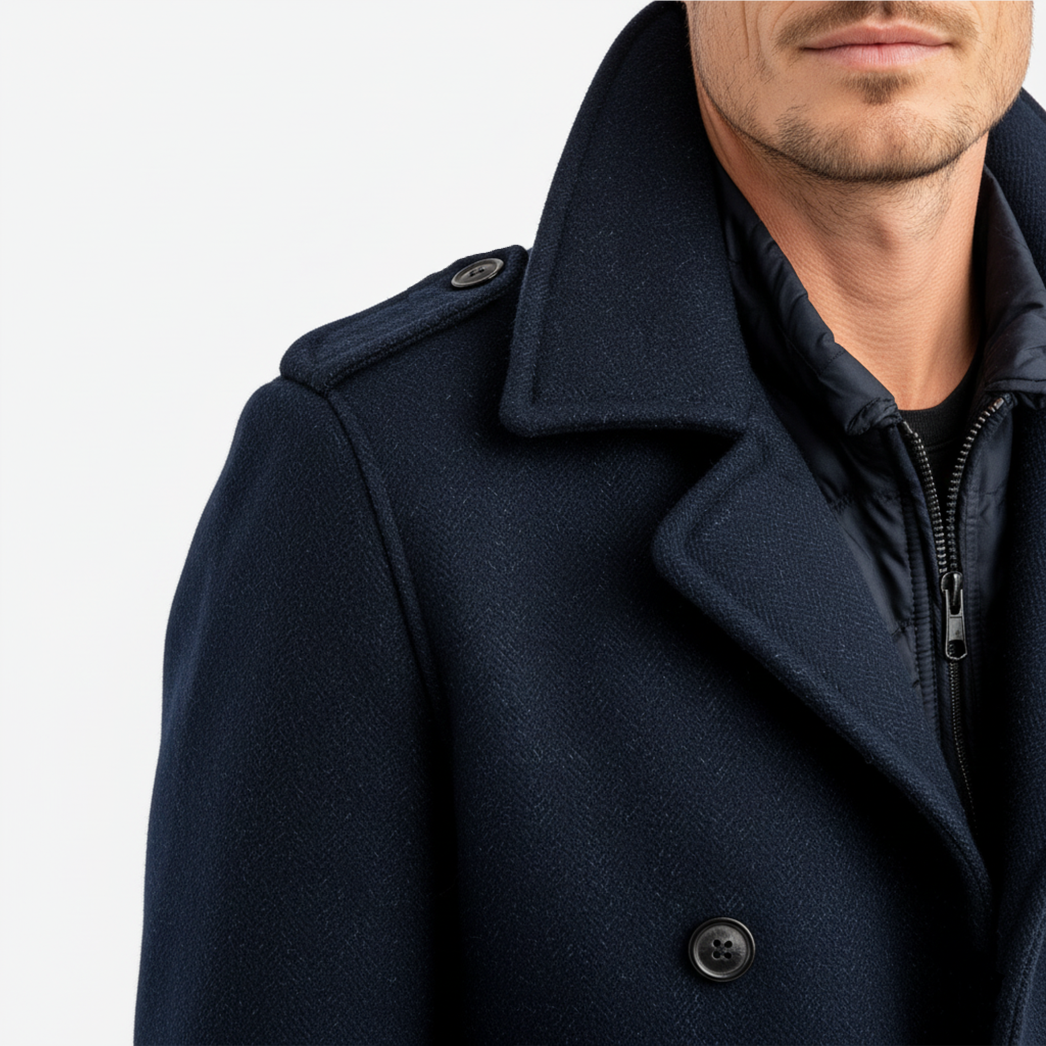 Men's Classic Retro Lapel Navy Blue Double-breasted Faux Woolen Short Coat MTA2644I9K