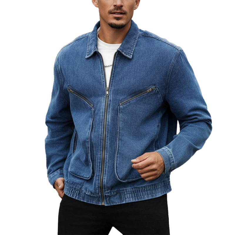 Men's Autumn And Winter Vintage Washed Large Pocket Denim Baseball Jacket MTA2342I1P