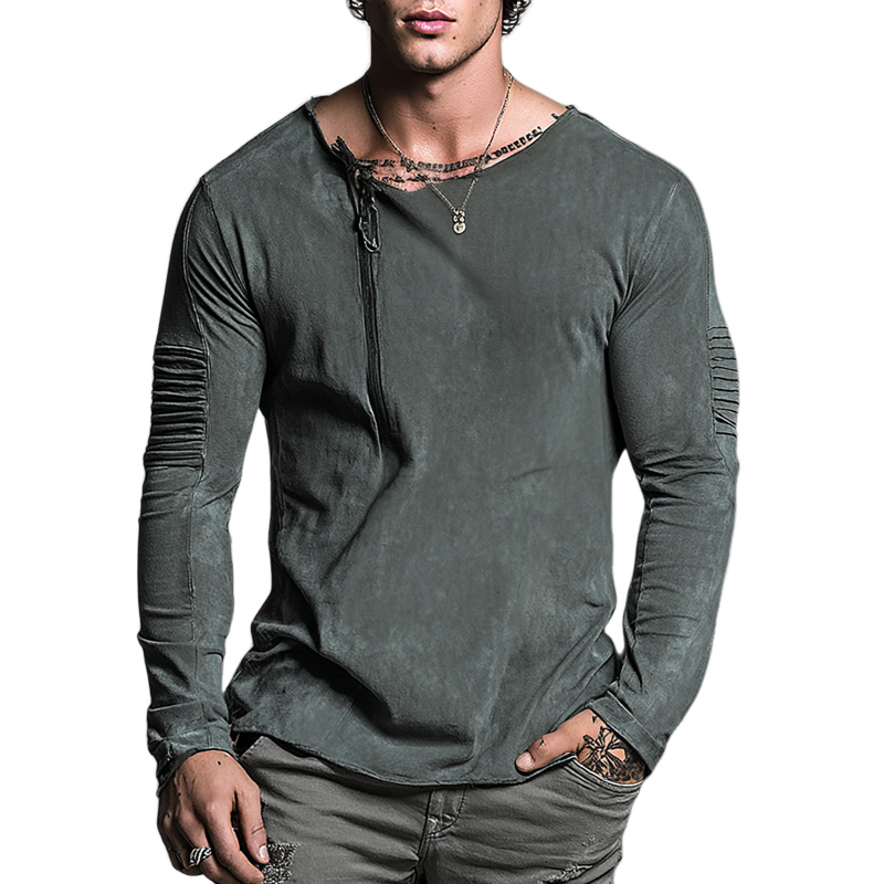 Men's Fashion Distressed Zip Decor Round Neck Pleats Long Sleeve T-shirt MTA0814H6Z
