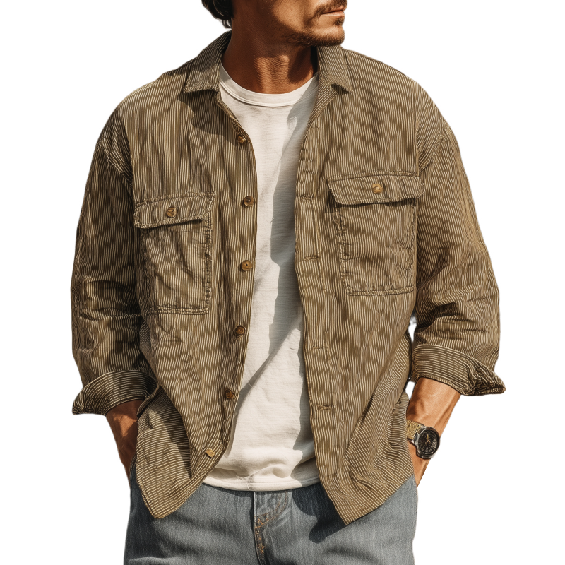 Men's Casual Breathable Cotton Striped Lapel Chest Pocket Loose Long Sleeve Shirt MTA1809G2M