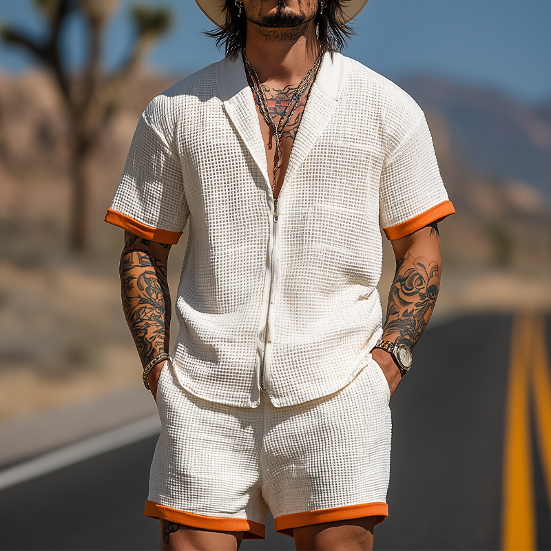 Men's Summer Fashion Casual Waffle Contrast Color Stitching Zipper Lapel Short-sleeved Shirt Elastic Waist Shorts Set MTA2951E4K
