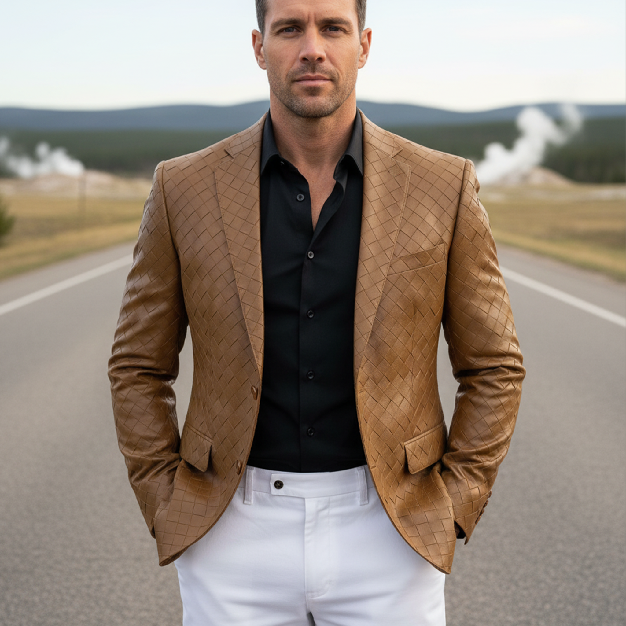 Men's Classic Retro Check Texture PU Leather Slim Fit Single-breasted Blazer MTA1647I9K