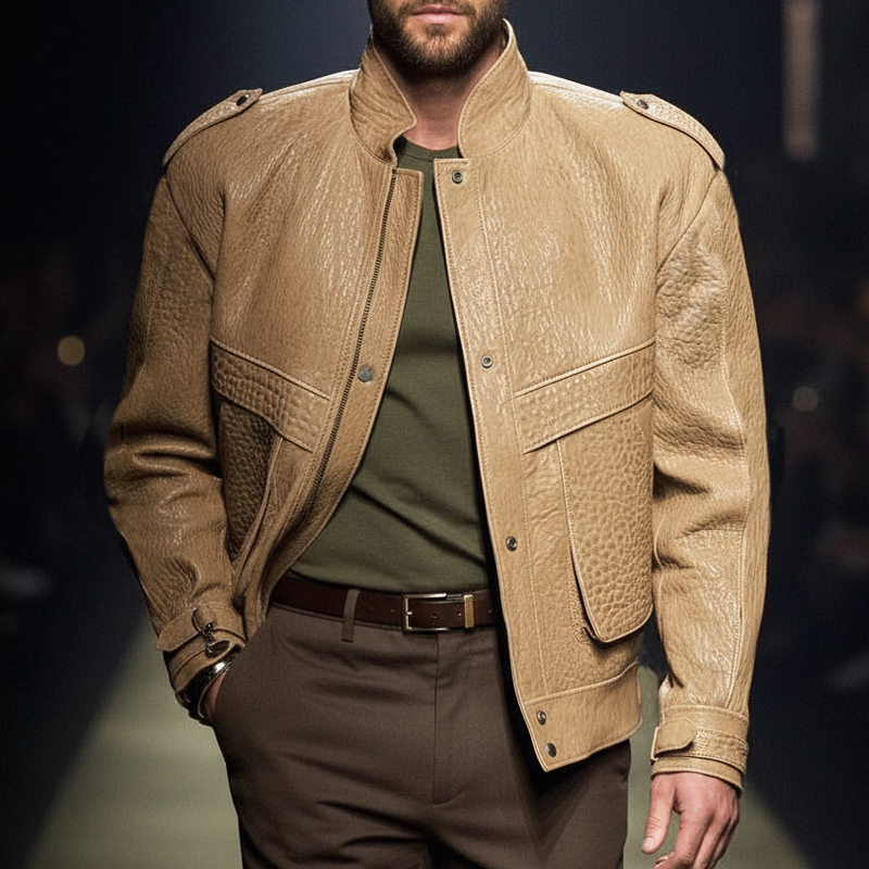 Men's Urban Fashion Stand Collar Textured PU Leather Jacket MTA1985K6U