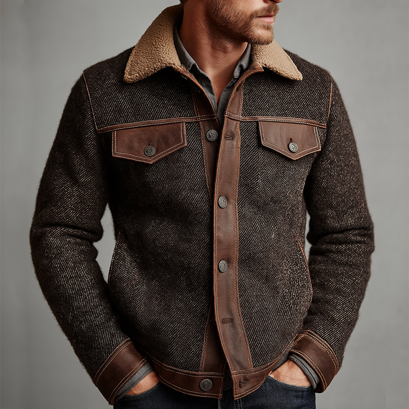 Men's Retro Casual Faux Leather Stitching Fur Collar Button Jacket MTA2456J1TO