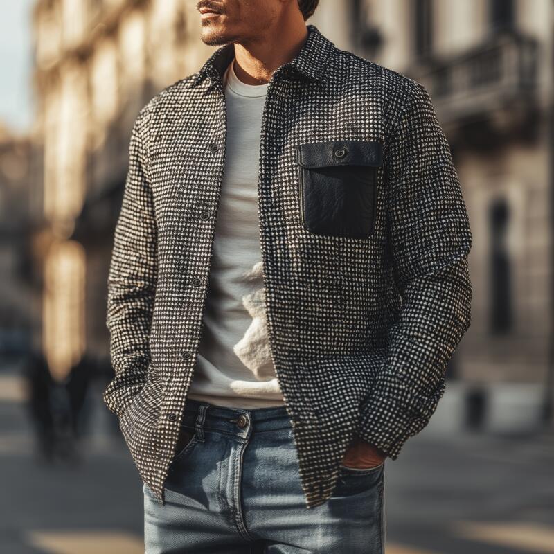 Men's Vintage Houndstooth Lapel PU Chest Pocket Loose Long Sleeve Shirt Jacket MTA2574H8M