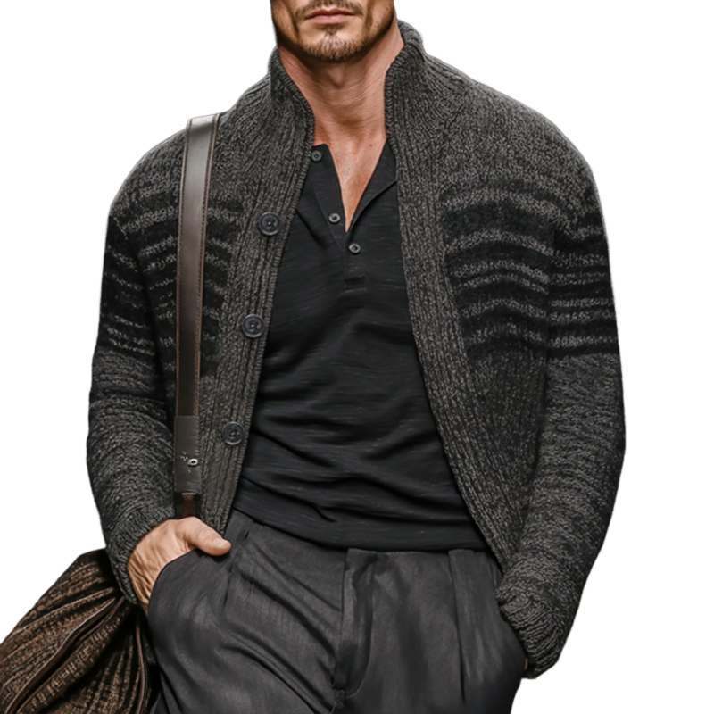 Men's Casual Colorblock Dark Grey Stand Collar Knitted Cardigan MTA2204J2U
