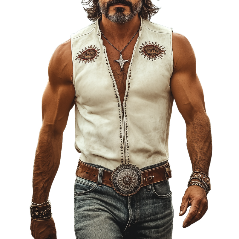 Men's Spring And Summer Fashion Casual Retro Western Cowboy Style Velvet Embroidery Rivet Decoration Zipper Suede Slim Sleeveless Shirt MTA1034E6K