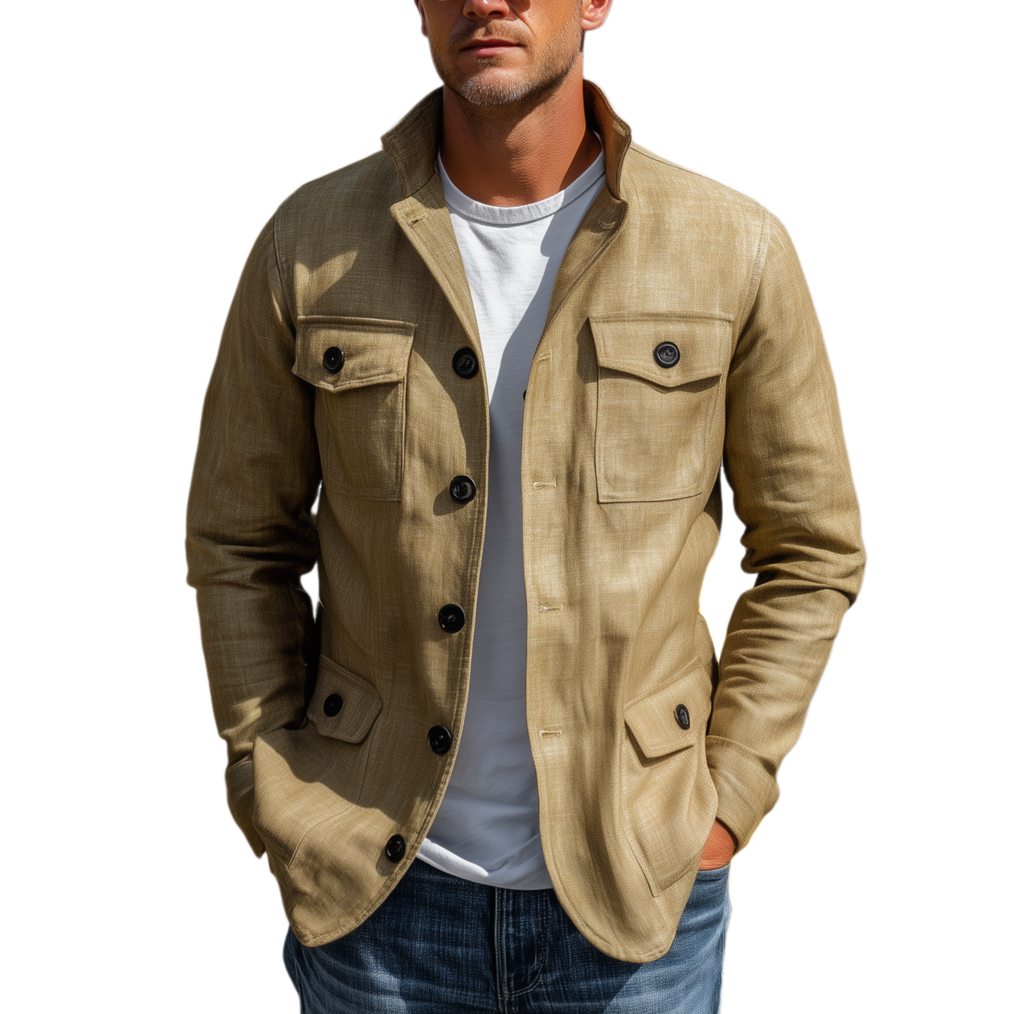 Men's Classic Casual Stand-up Collar Multi-pocket Cotton And Linen Blend Thin Jacket MTA3130G5K