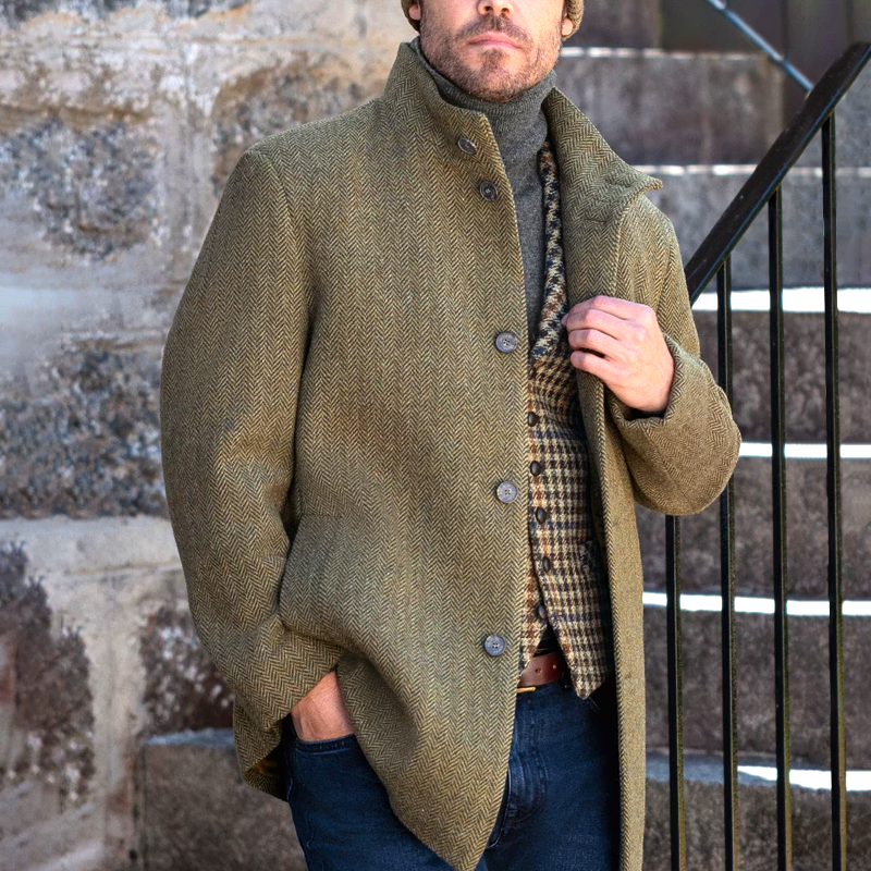 Men's Herringbone Stand Collar Single-Breasted Casual Coat MTA1668I5Z