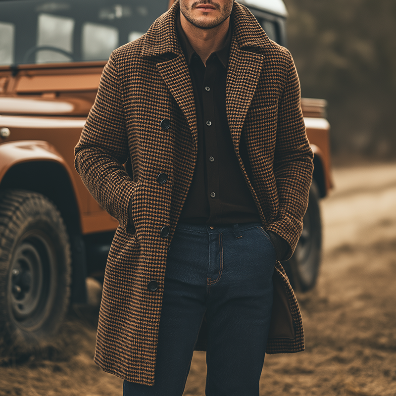 Men's Retro Casual Plaid Lapel Double-Breasted Mid-Length Coat MTA1634J2TO