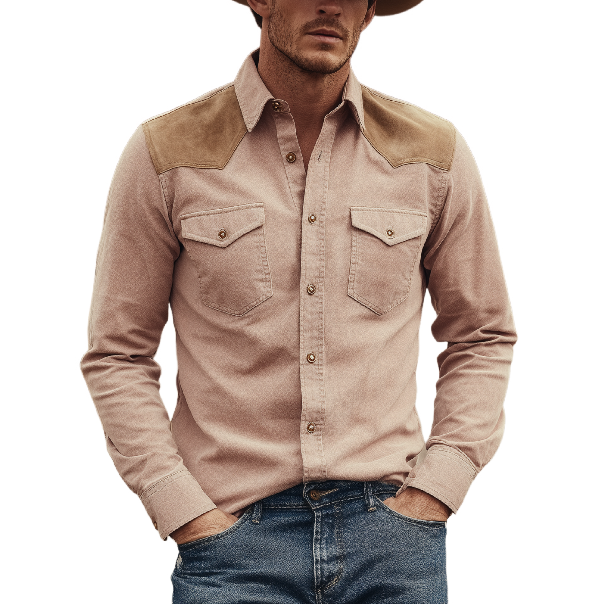 Men's Classic Retro Western Style Suede Shoulder Patchwork Pink Cotton Blend Long Sleeve Shirt MTA2220H2K