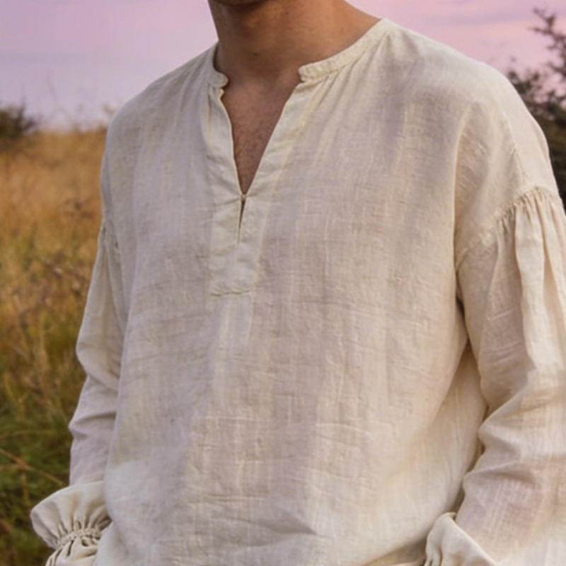 Men's Retro Casual Cotton Linen V-Neck Pullover Long-Sleeve Shirt MTA1230L8TO