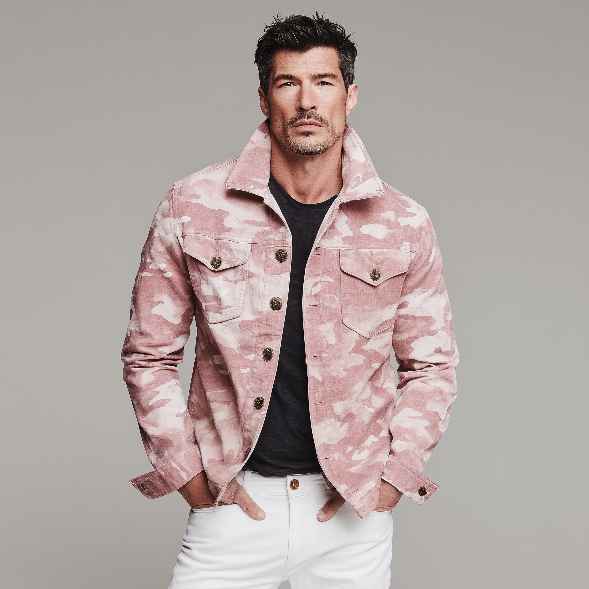 Men's Classic Casual Pink Camouflage Pattern Cotton Blend Lapel Jacket MTA2816H9K