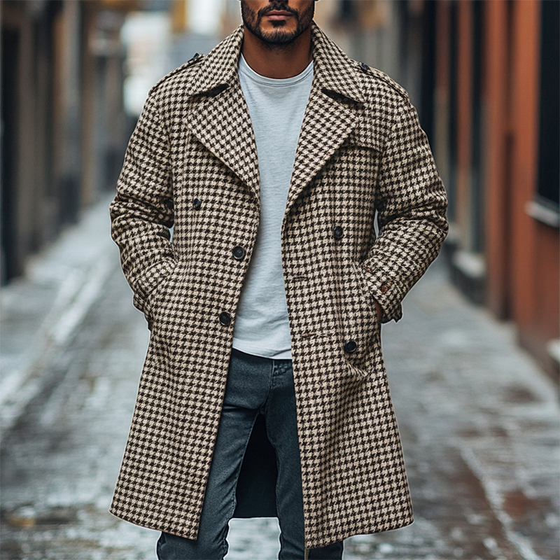 Men's Retro Houndstooth Jacquard Lapel Mid-Length Trench Coat MTA1196J0X