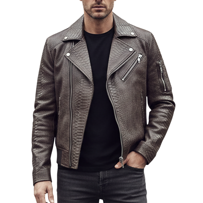 Men's Textured Lapel Zipper PU Jacket MTA1039I6X