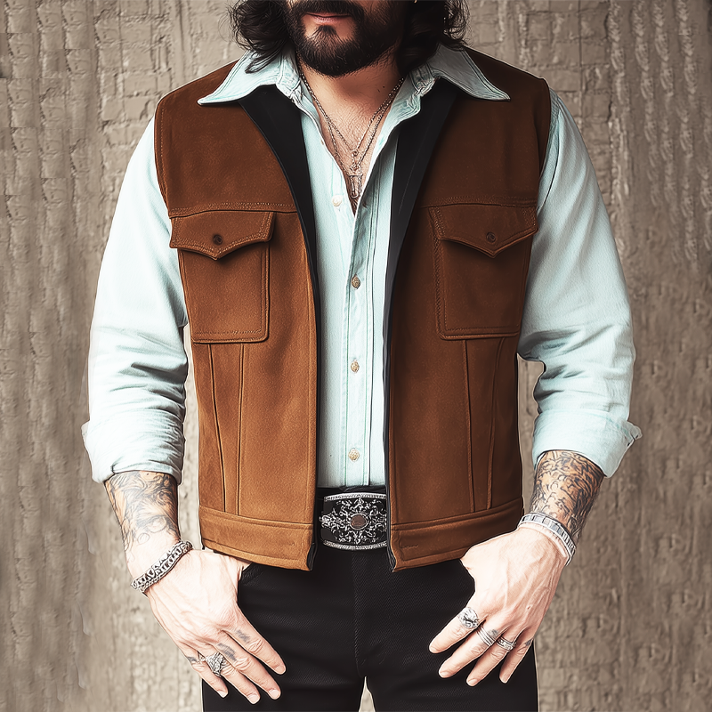 Men's Vintage Suede Stand Collar Zipper Vest MTA0757H8U