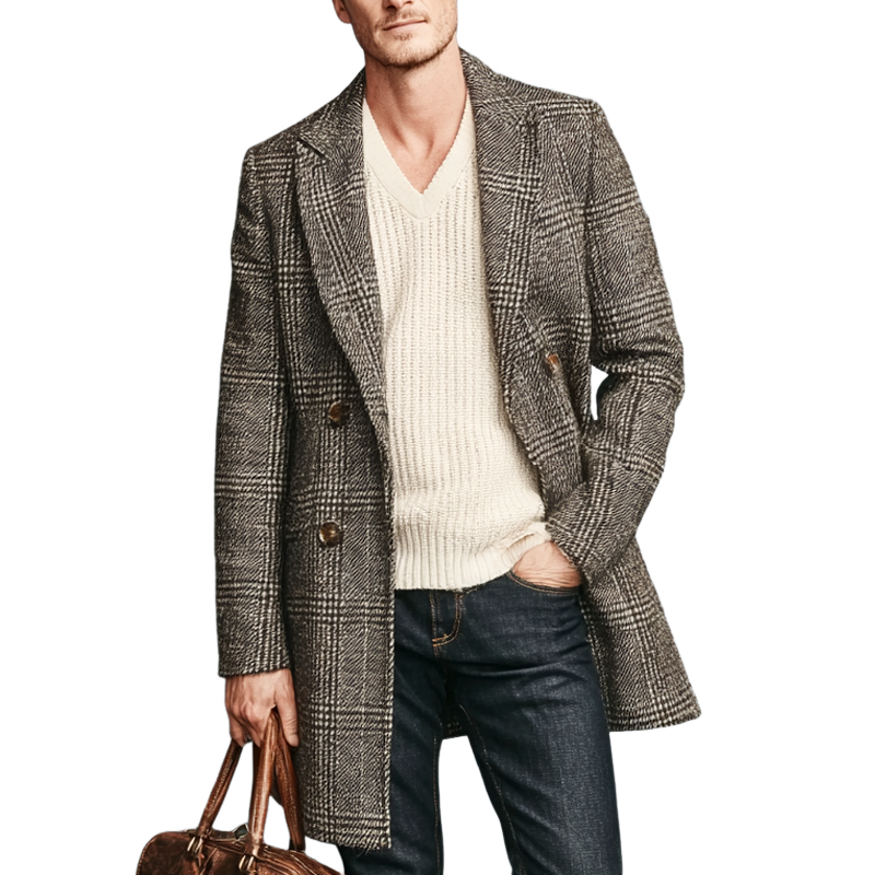 Men's Faux Wool Check Peak Lapel Double Breasted Mid-length Coat MTA1071I4Z