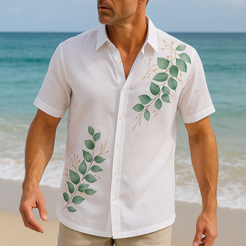 Men's Summer Cool Breathable Leaf Printed Linen Short Sleeve Shirt MTA2705E8P