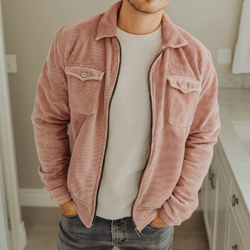 Men's Retro Casual Corduroy Lapel Zip-Up Jacket MTA1144K8TO