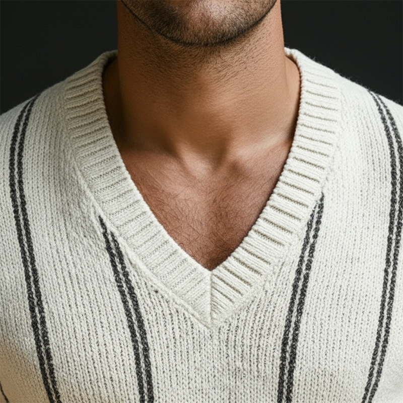 Men's Spring Fashion Vertical Striped Cotton Yarn Knitted Short-Sleeve Sweater MTZ2224A9P