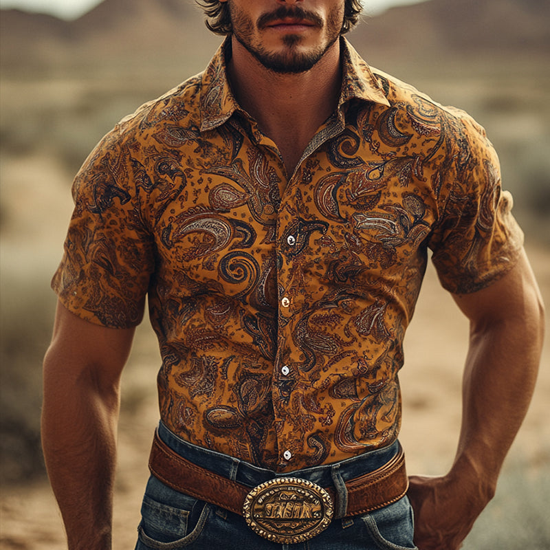 Men'S Retro Western Cowboy Style Perris Print Lapel Short Sleeve Shirt MTA0984E0TO