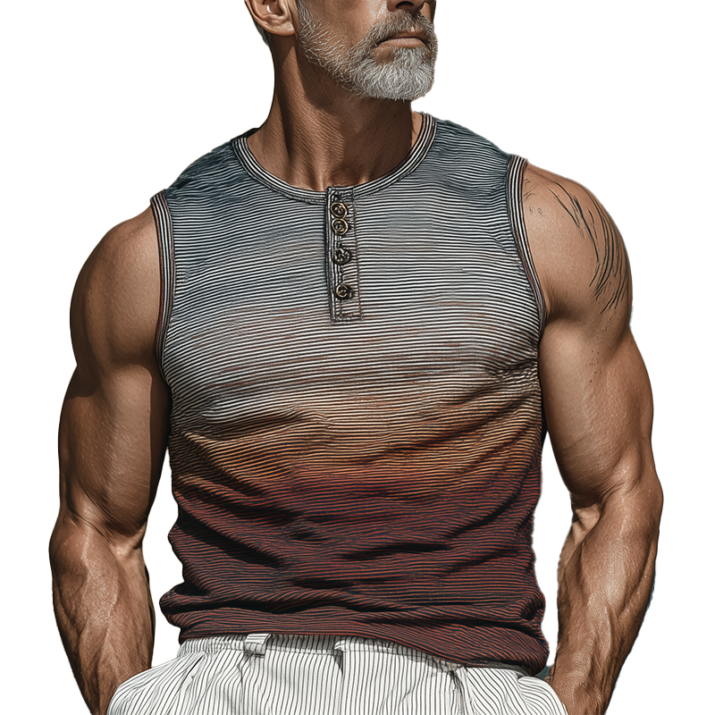 Men's Summer Retro Gradient Print Cotton Blend Henley Collar Tank Top MTA1092G4P