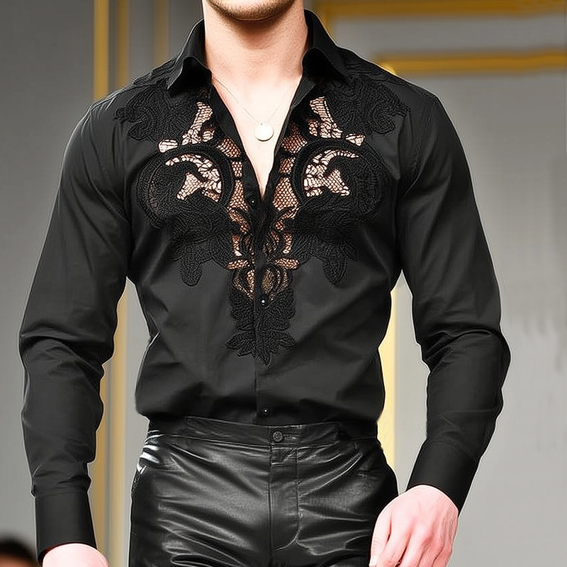 Men's Retro Black Embroidered Long Sleeve Shirt MTA2194H0U