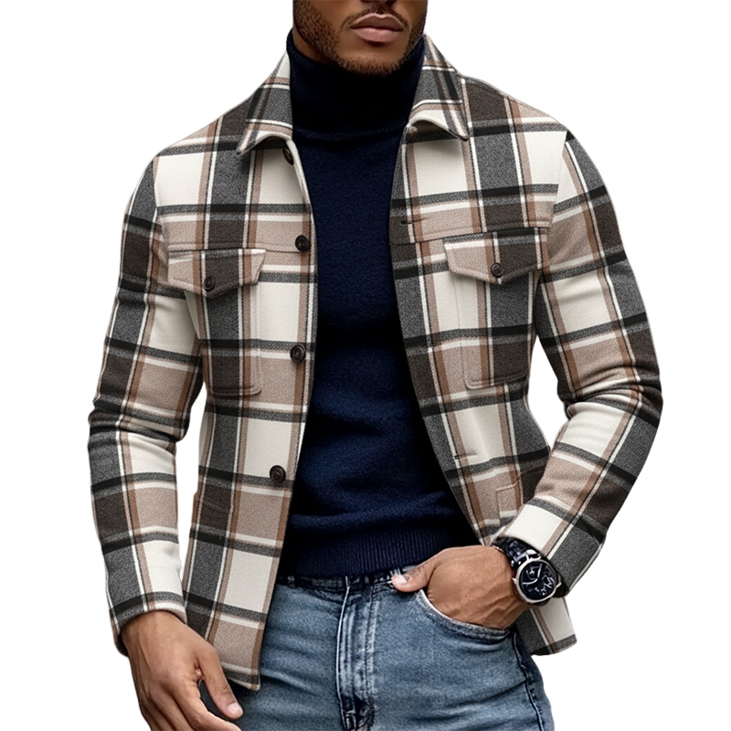 Men's Casual Lapel Multi-pocket Blend Plaid Jacket MTA3033I5X