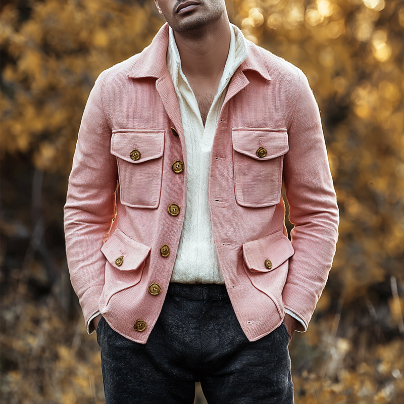 Men's Solid Waffle Lapel Single Breasted Multi-pocket Jacket MTA0362I7Z