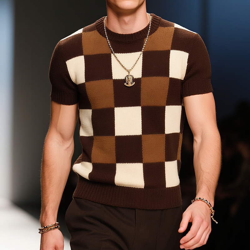 Men's Retro Simple Round Neck Knitted Checkerboard Short Sleeve T-Shirt MTA2565F5TO