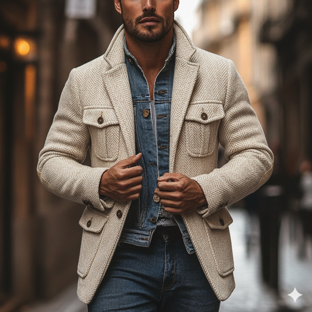 Men's Blended Herringbone Textured Lapel Jacket MTA2988I2X