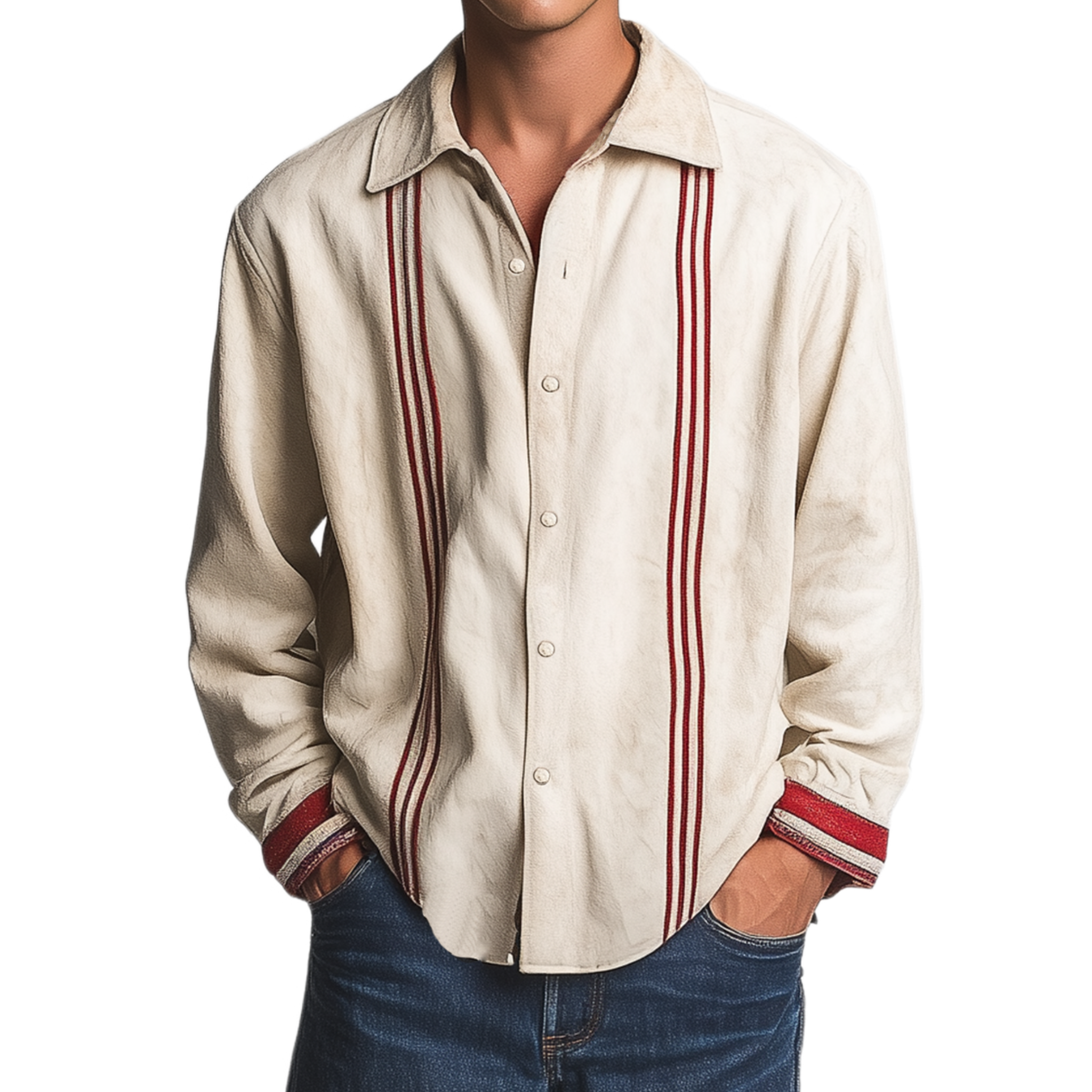 Men's Classic Casual Thin Contrast Color Stitching Suede Embroidery Lapel Long Sleeve Shirt MTA2452G6K
