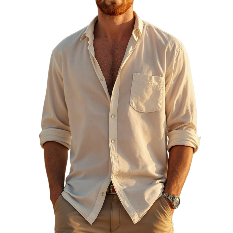 Men's Casual Breathable Skin-friendly Solid Color Cotton Lapel Patch Pocket Loose Long Sleeve Shirt MTA0373G5M
