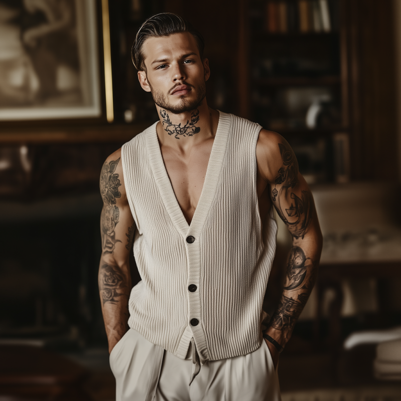 Men's Casual Breathable Cotton Blended V-Neck Single-Breasted Loose Knitted Vest MTA1103F7M