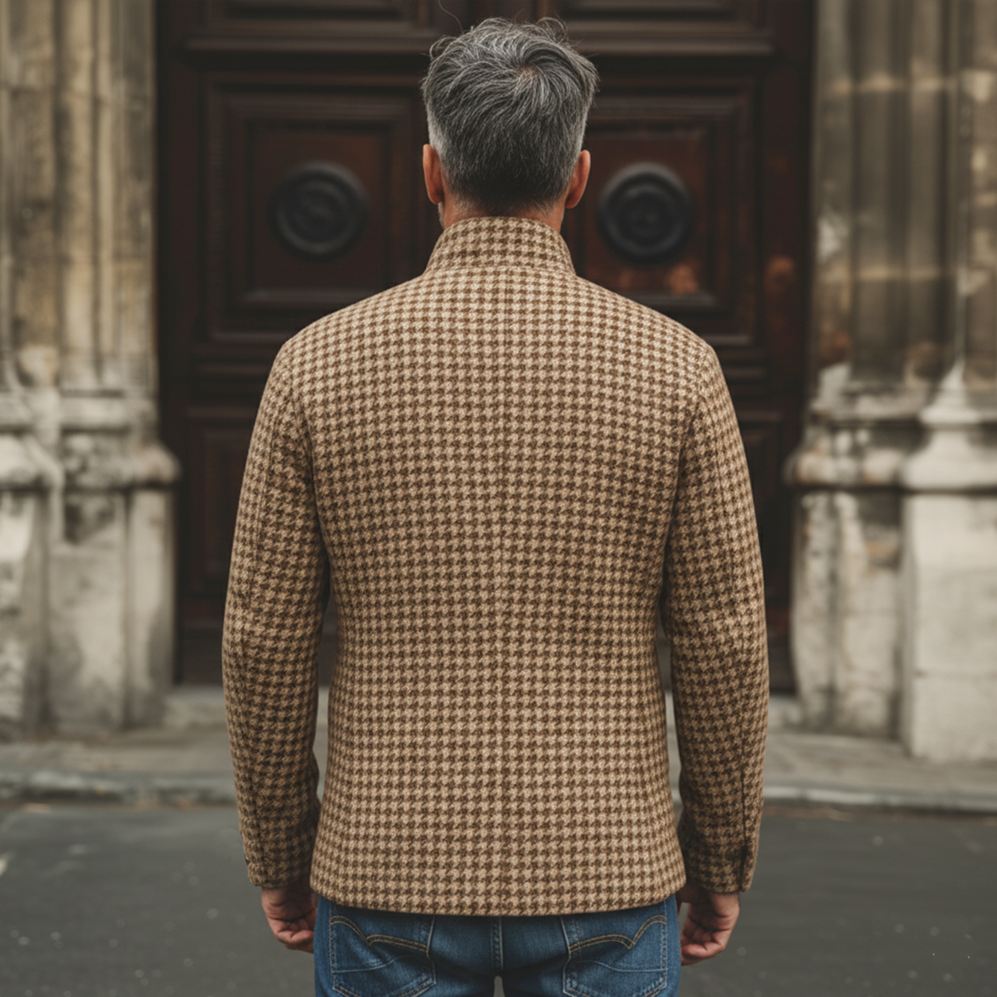 Men's Classic Retro Stand-up Collar Houndstooth Wool Jacket MTA2754K8K