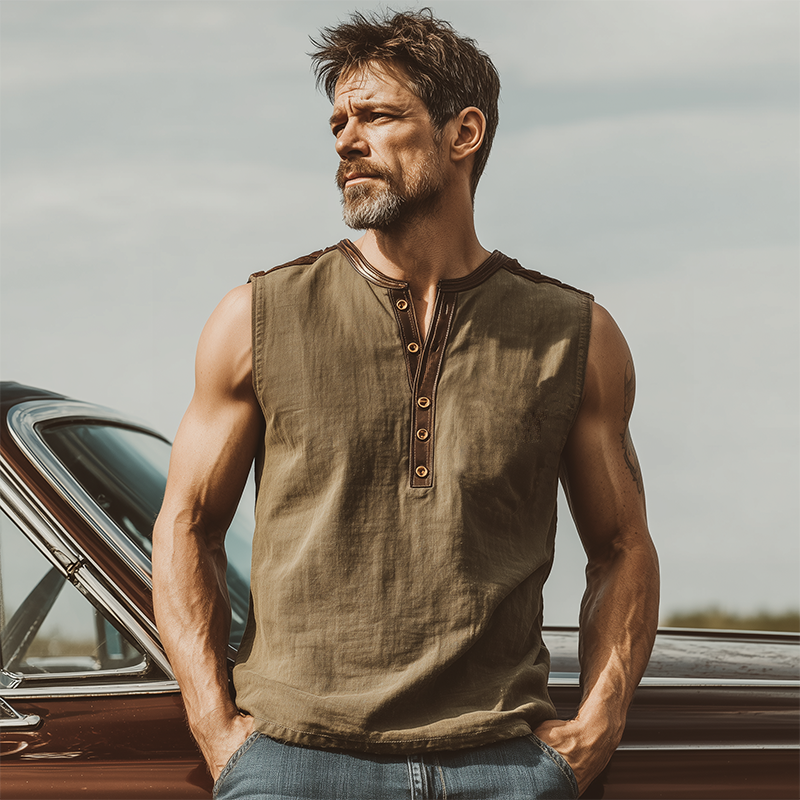 Men's Classic Casual Linen Stitching PU Leather Henley Collar Tank Top MTA0332G4K