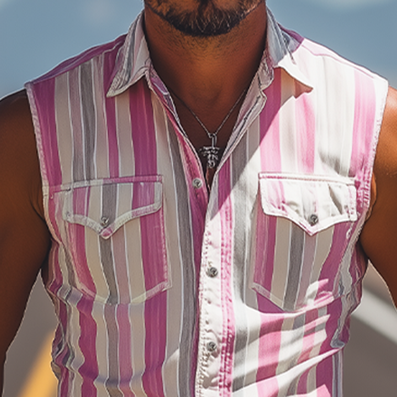Men's Summer Casual Retro Western Cowboy Striped Cotton Blended Sleeveless Shirt MTA2869D6K