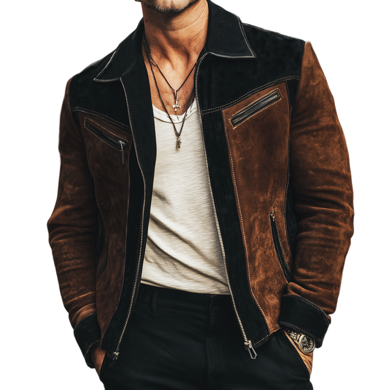 Men's Vintage Suede Colorblock Zip-Up Jacket MTA2675H0U